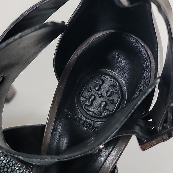 Tory Burch Teagan Stingray Brown Blue Leather Caged T Strap Sandal. - Picture 9 of 11